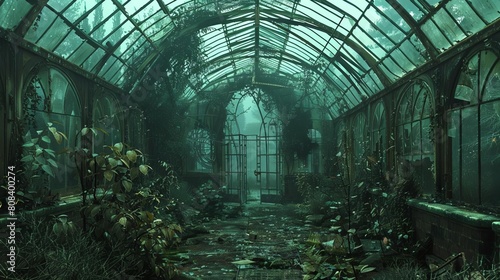 Craft a hauntingly beautiful scene of an overgrown, abandoned greenhouse with intricate details of shattered glass, unruly vines, and a sense of forgotten growth photo