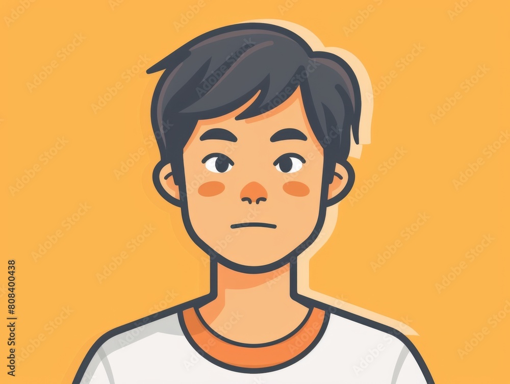 A digital avatar of a person with black hair, simplified flat design on a warm orange background.