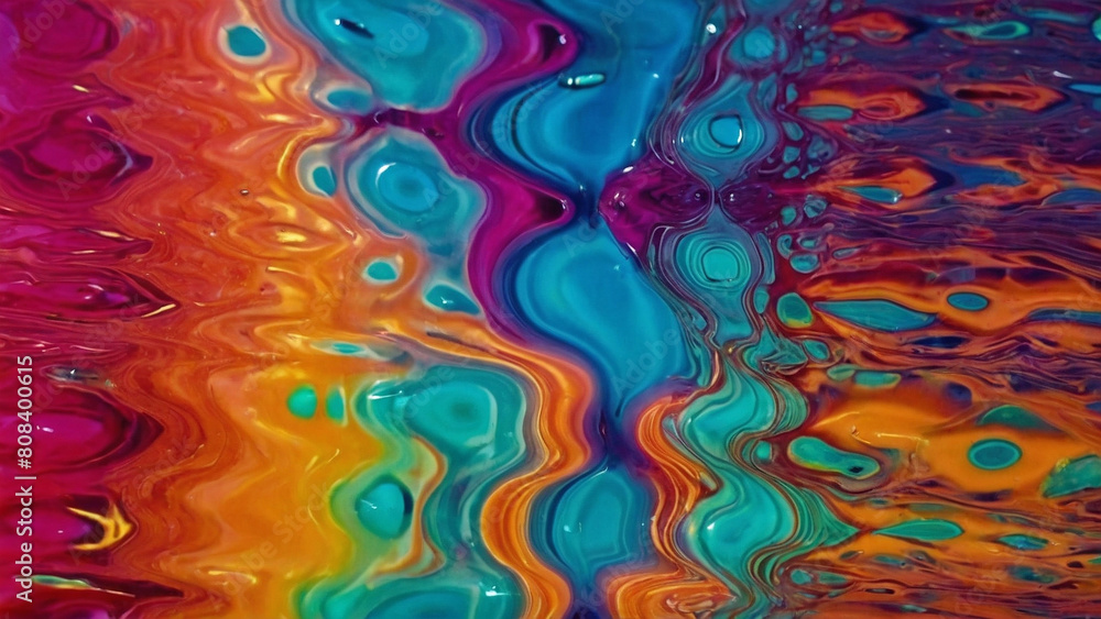 The image is an abstract painting of multicolored waves, with hues of orange, blue, and purple. The colors are vibrant and blend together, creating a dynamic effect. The wave patterns are distorted