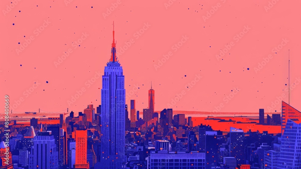 Stylized illustration of a city skyline at sunset with prominent skyscrapers against a vibrant sky.