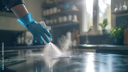 Scene of cleaning and sanitizing a home kitchen table with a disinfectant spray and gloves, focusing on hygiene practices photo