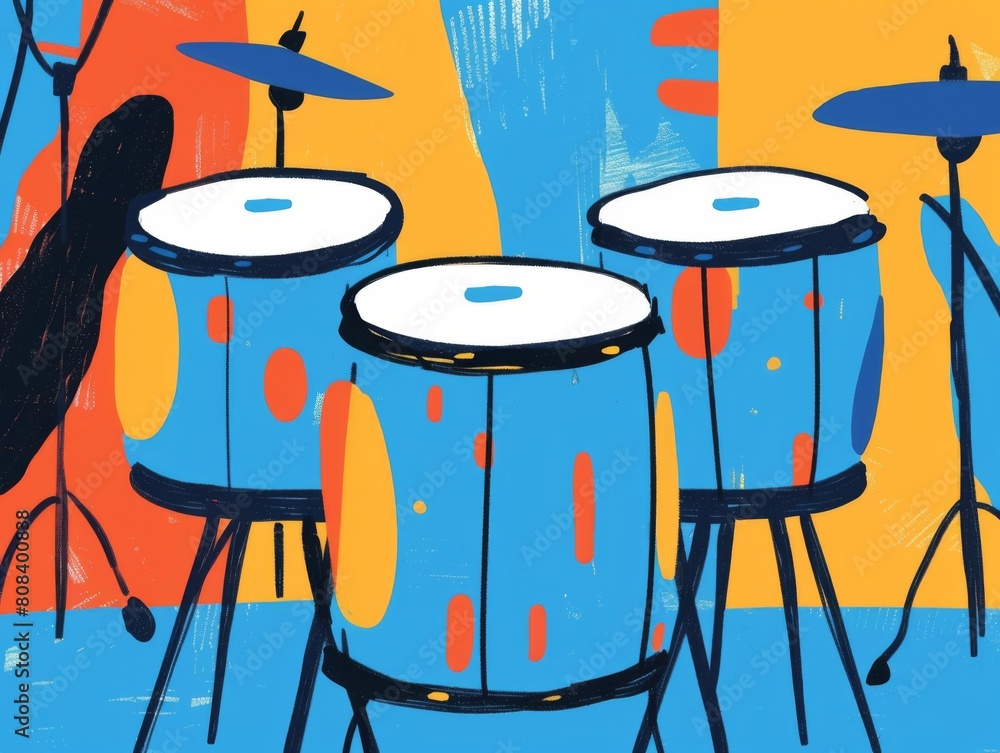 Colorful vector illustration of a drum set with an abstract, stylized ...