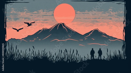 Illustration of mountaineers as silhouettes against a backdrop of a scenic sunset over mountains. photo