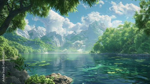 A serene landscape depicting a crystal clear lake surrounded by lush greenery with majestic snow-capped mountains in the background under a bright blue sky.