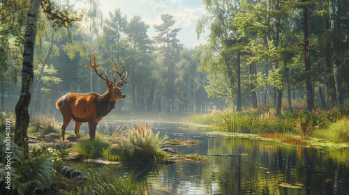 A majestic stag stands by a serene forest lake with sunlight filtering through the trees, creating a peaceful and idyllic woodland scene.