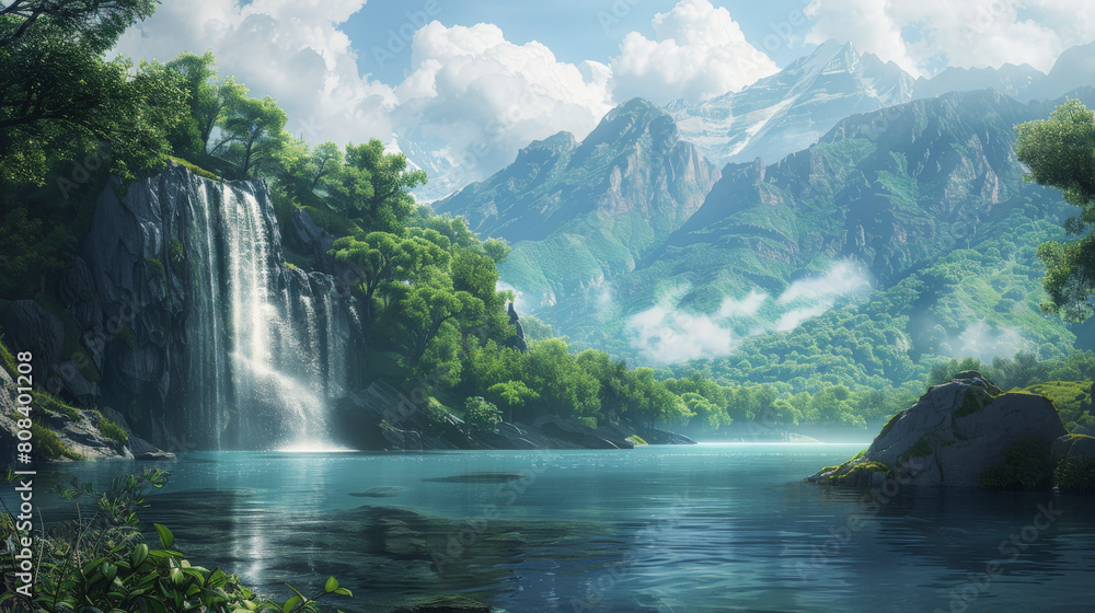 A serene digital artwork depicting a majestic waterfall cascading into a tranquil lake surrounded by lush greenery and a backdrop of towering mist-shrouded mountains.