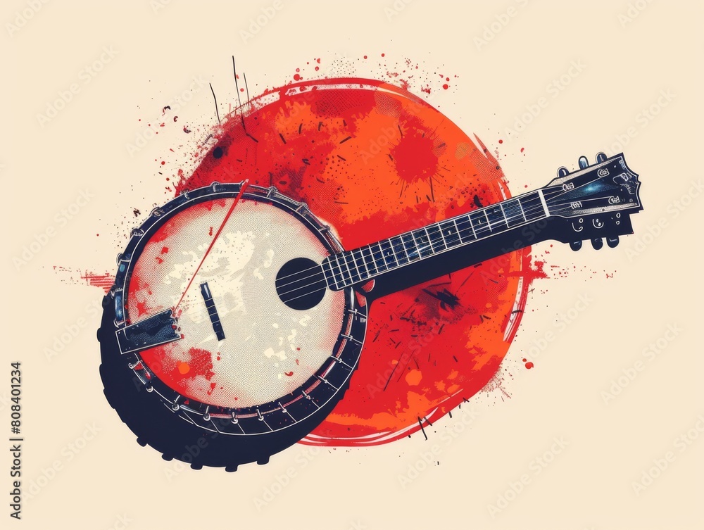 Abstract two-color illustration of a banjo with a red circular ...
