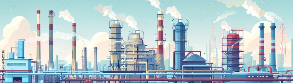 Oil refinery plant with pipelines and storage tanks emitting pollution. Oil refinery plant with pipelines and storage tanks emitting pollution.