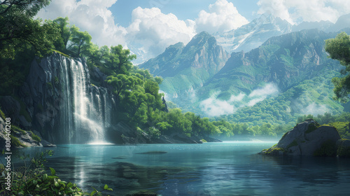 A serene digital artwork depicting a majestic waterfall cascading into a tranquil lake surrounded by lush greenery and a backdrop of towering mist-shrouded mountains.