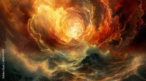 An artistic depiction of a tumultuous sea under a fiery, swirling sky, possibly representing a storm or cosmic event, blending elements of chaos and beauty.