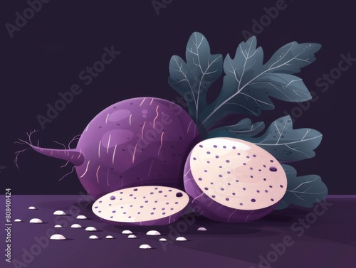 A vector illustration of a whole and halved rutabaga with a two-color flat design on a purple background. photo