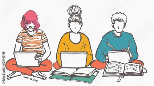 Illustration of three individuals sitting cross-legged using laptops and reading a book, focused on their tasks, with a minimalistic, sketched style.