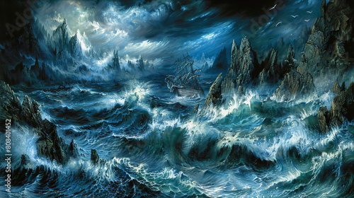 An atmospheric painting depicting a dramatic and stormy sea with ships struggling against the tumultuous waves under a dark and threatening sky. photo