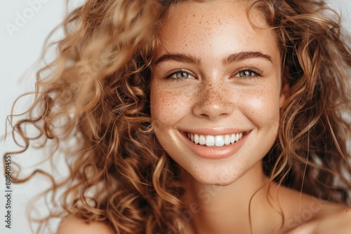 beautiful smiling girl with curly hair and healthy skin studio portrait