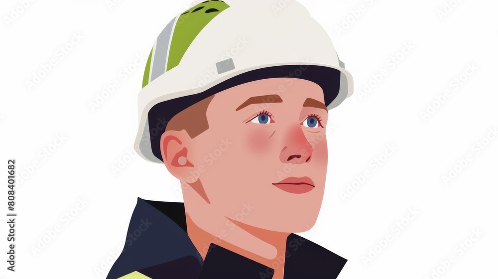Vector illustration of a young male worker wearing a safety helmet, gazing thoughtfully to the side. Vector illustration of a young male worker wearing a safety helmet, gazing thoughtfully to the side.
