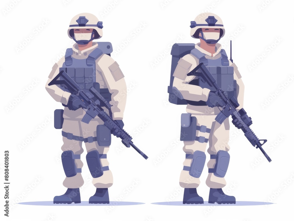 Vector illustration of two soldiers in full gear standing at ease against a white background. Vector illustration of two soldiers in full gear standing at ease against a white background.