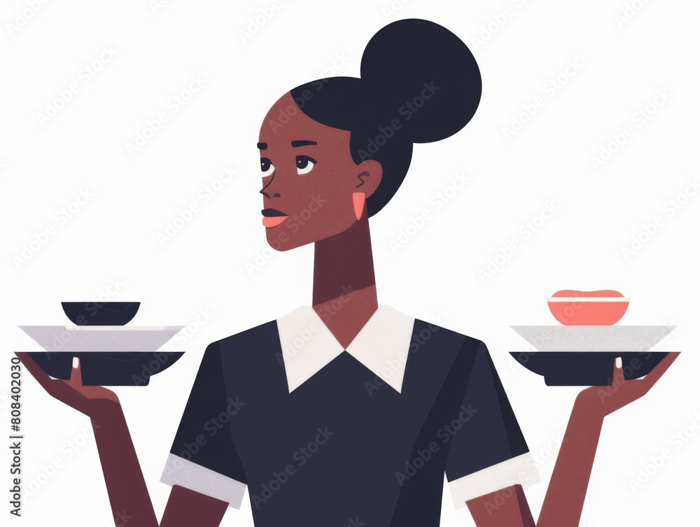 Vector illustration of a waitress holding trays with dishes, isolated on white background, in a stylized modern look. Vector illustration of a waitress holding trays with dishes, isolated on white background, in a stylized modern look.