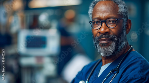 Confident Senior African-American Male Doctor in a Hospital Setting, Wearing Scrubs and Glasses