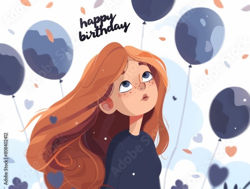 Illustration of a girl with flowing red hair surrounded by dark blue balloons with  happy birthday  text.