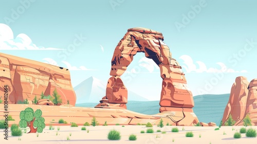 Stylized vector illustration of Delicate Arch at sunrise in Moab, Utah with warm hues and clear sky. photo