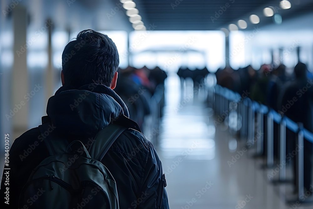 A man with a backpack is walking through a crowded airport