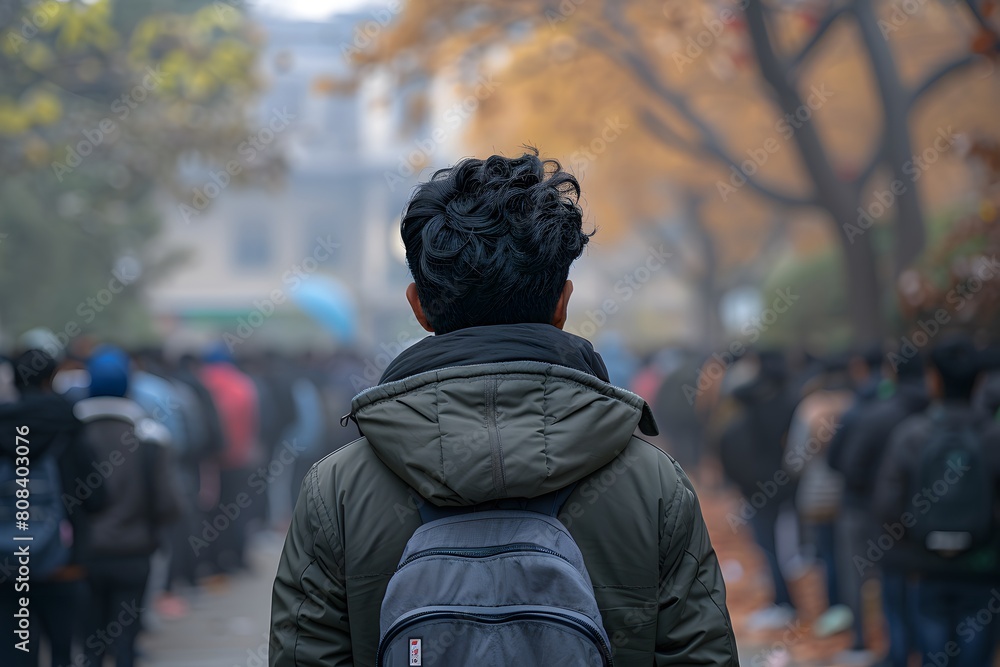 A man wearing a backpack is walking down a street with a group of people A man wearing a backpack is walking down a street with a group of people