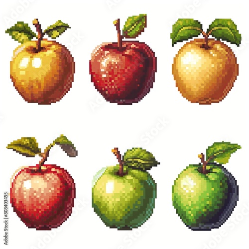Apple Fruit Video Game Assets Pixel Art Pack, Retro Farming Pixelated Farm Gaming Sprites Set, White Background, Isolated Platformer Objects Environmental Elements