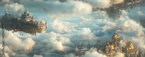 Craft a minimalist representation of a steampunk-inspired kingdom suspended in the clouds