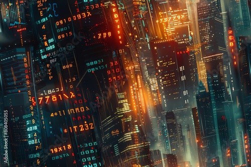 Craft a photorealistic scene of the Cryptocurrency Markets from a birds-eye view