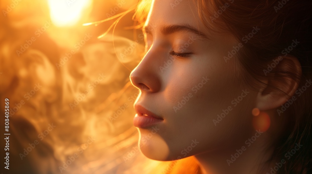 Serene young woman enjoying a warm sunset outdoors in tranquil contemplation. Serene young woman enjoying a warm sunset outdoors in tranquil contemplation.