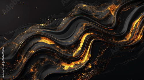 An abstract artwork of matte black and glowing gold waves swirling together, creating a striking contrast that is both bold and sophisticated.