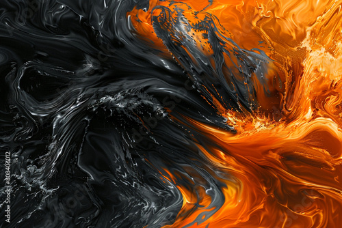 An abstract portrayal of jet black and fiery orange waves colliding at high speed, their interaction creating a stark contrast that is both bold and intense. photo