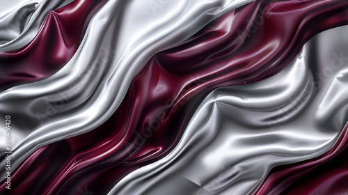 An elegant fusion of silver and burgundy waves  swirling together in a luxurious dance that resembles fine silk drapery.