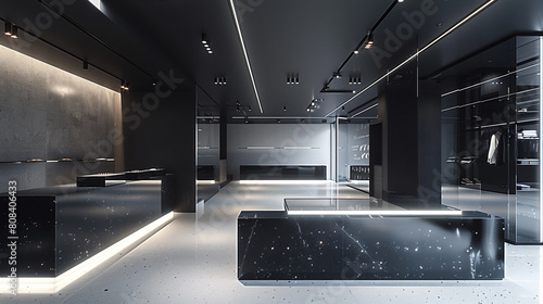 A chic boutique with a black and white color scheme and minimalist design of office interior