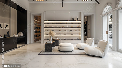 A chic boutique with a black and white color scheme and minimalist design.