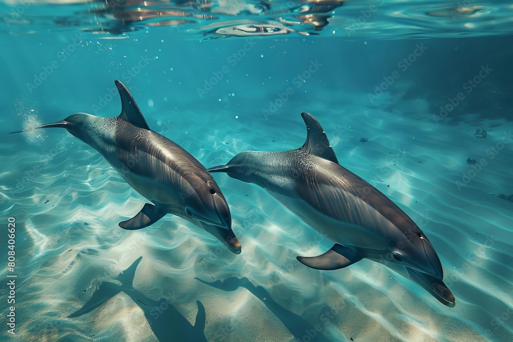 elegant dolphins swimming in turquoise sea underwater wildlife photography