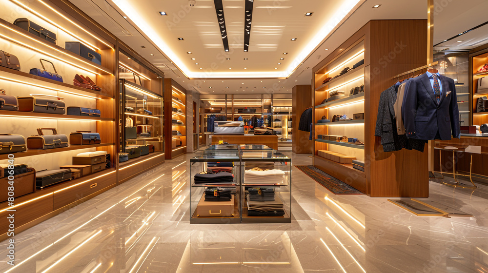 A modern boutique with sleek glass shelves displaying high-end fashion items.