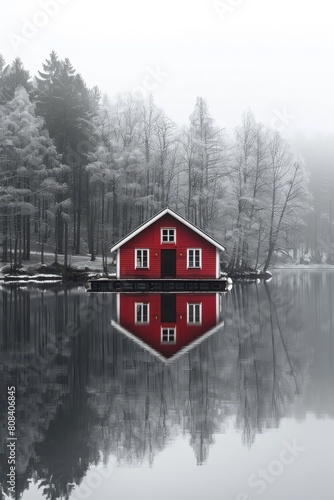 Red house by reflective lake in monochrome © Media Srock