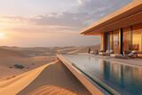 Desert oasis in Dubai, minimalist design with warm browns and oranges, golden sunset enhancing clean lines and sand formations. Ultra-realistic architectural photography.