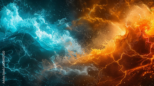 An energetic fusion of electric blue and vibrant orange waves crashing into each other, mimicking the explosive energy of a thunderclap. photo