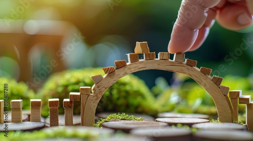 Detailed image of a hand positioning the final piece on a wooden toy bridge, symbolizing a solution to bridging a disconnect photo