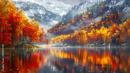 Misty Autumn Lake Scene  Reflective Water Amidst Colorful Forest Foliage