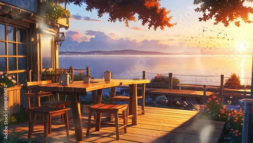 traditional cafe on the edge of the estuary at sunset. Cartoon or anime watercolor painting illustration style. seamless looping virtual video animation background. photo