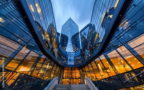 From under the entrance of an office building next to a contemporary high-rise building with glass mirror walls and glowing lights in calgary city. very beautiful city view photo