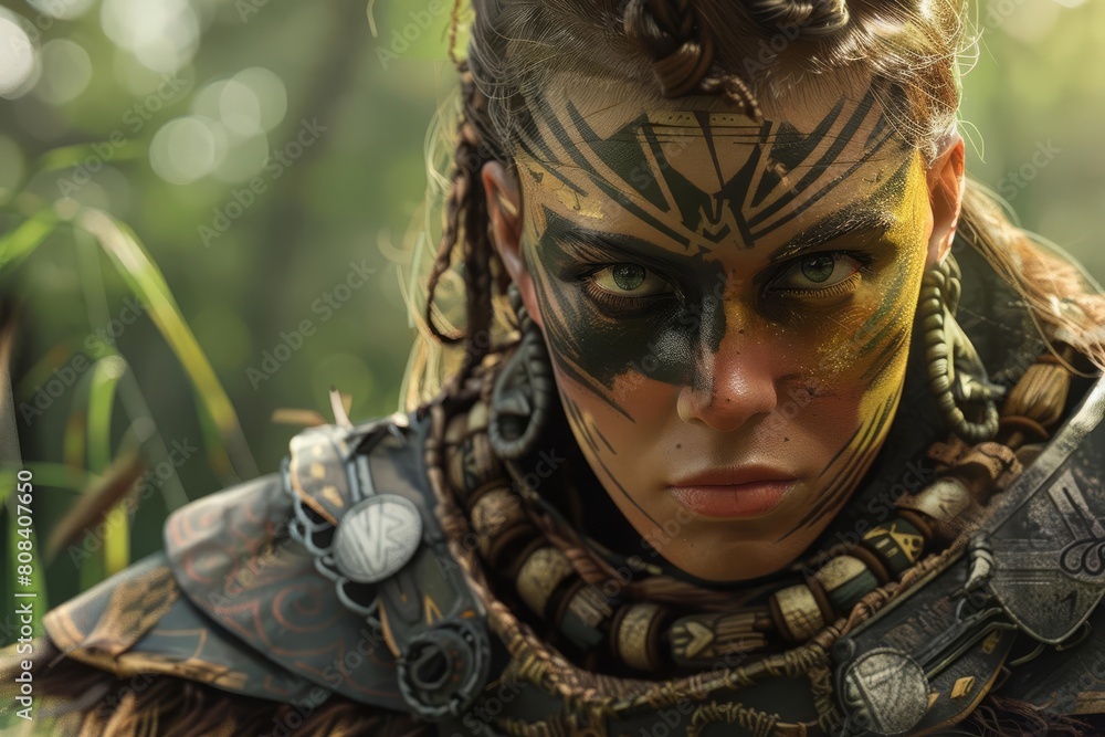 fierce amazon female ranger with tribal face paint clad in iron armor fantasy concept art
