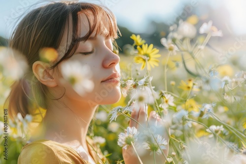 Woman sneezing in a flowery field, concept of pollen allergy, health photography
 photo