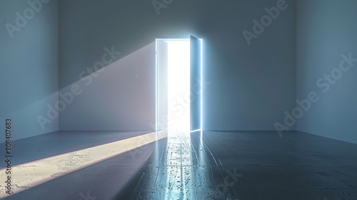 Image of diverging white light beams at a door opening, illustrating opportunity and divergence photo