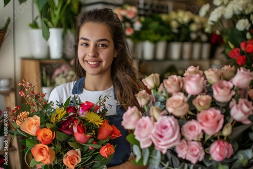 Smiling florist making a colorful bouquet, creative floral composition, bright and welcoming shop, professional photography  © furyon