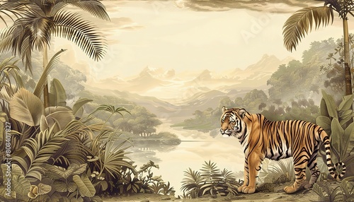 Beautiful view of jungle and tiger vintage