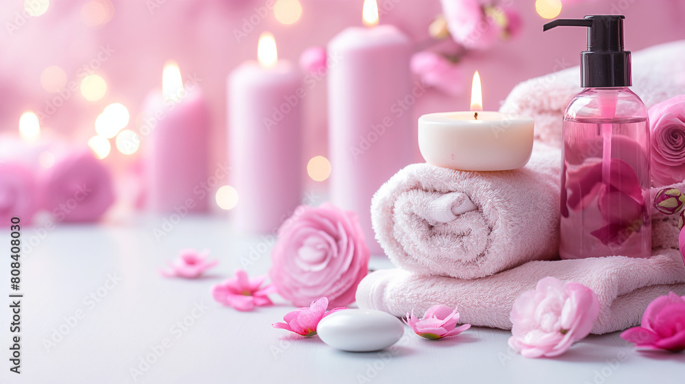 Pink Spa Setup with Candles and Flowers on Light Background
Pink Spa Setup with Candles and Flowers on Light Background